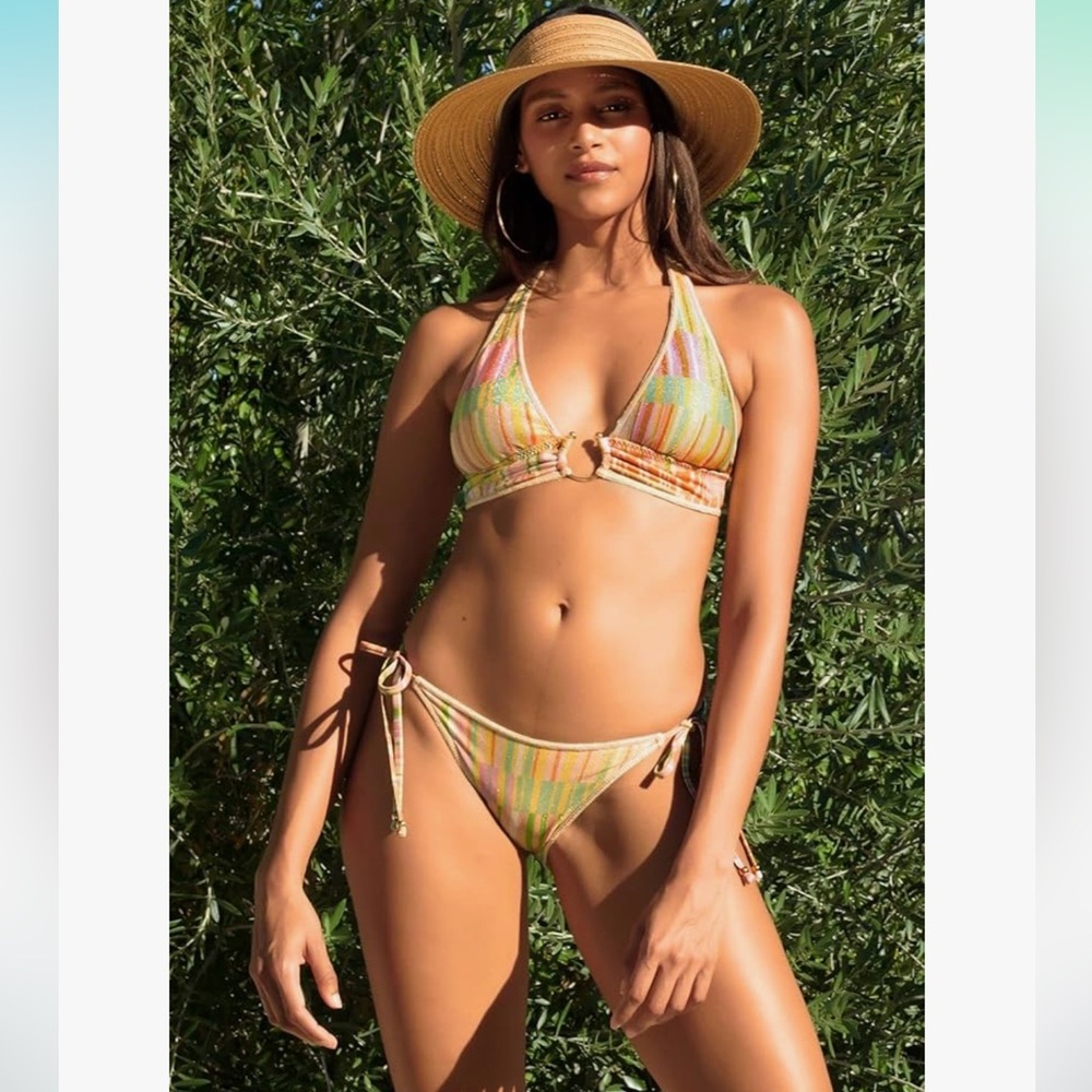 BECCA by Rebecca Virtue Cabo Del Sol Mira Halter Yellow and Green Swimwear Small